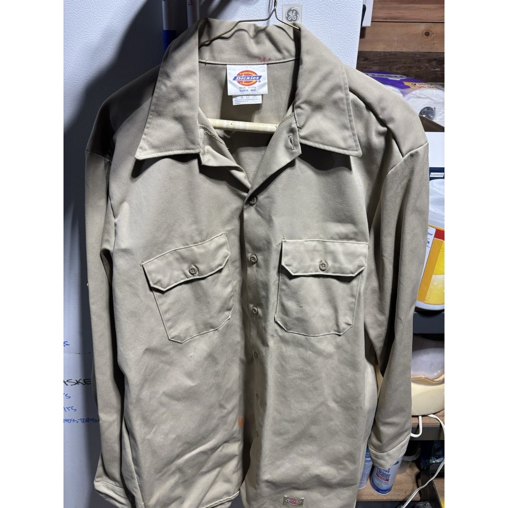 Dickies Button Up Shirt Brown Long Sleeve Work Wear Casual Mens Size 17.5‎